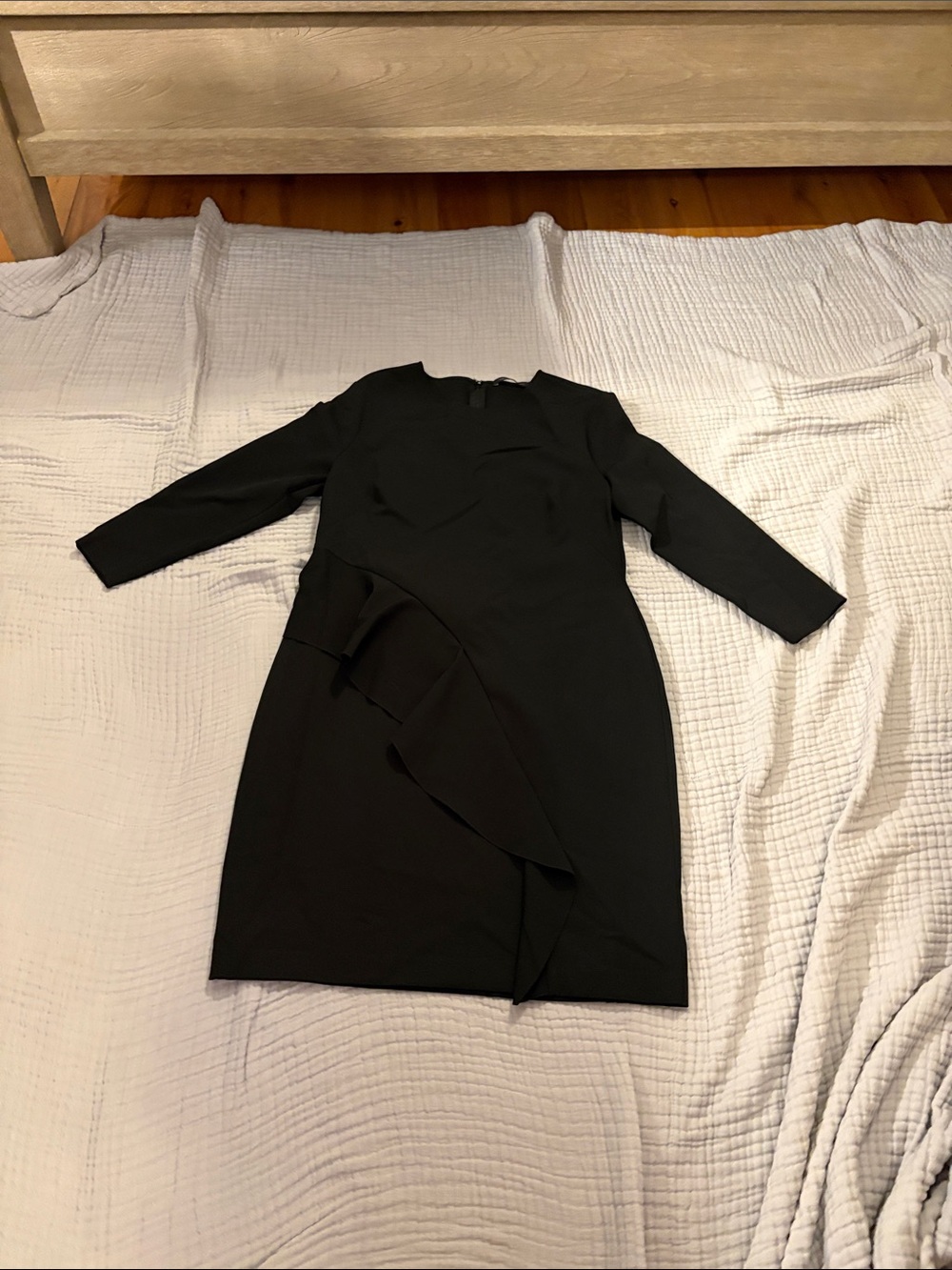Black Long-Sleeve Ruffle-Front Sheath Dress